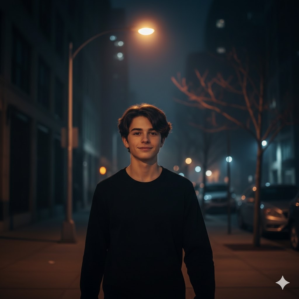 Teen Under Streetlight — Night Urban Scene
